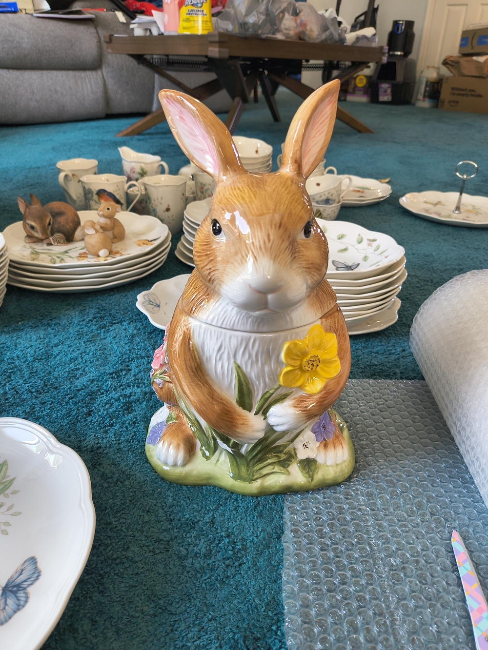 Certified International Brown and White Rabbit Cookie Jar with Yellow Flower